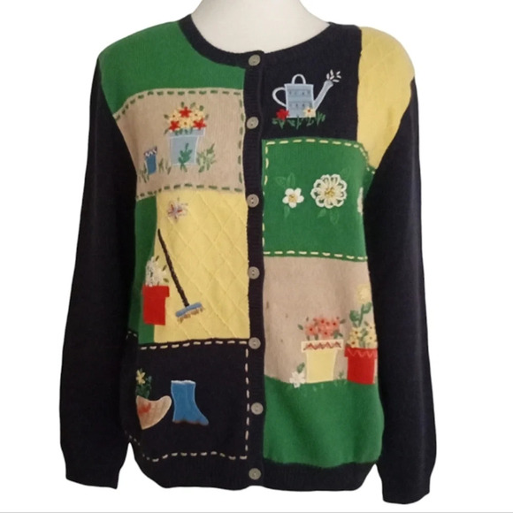 Vintage Alfred Dunner Cotton Blend Gardening Embroidered Cardigan Size P Medium - Picture 1 of 6
